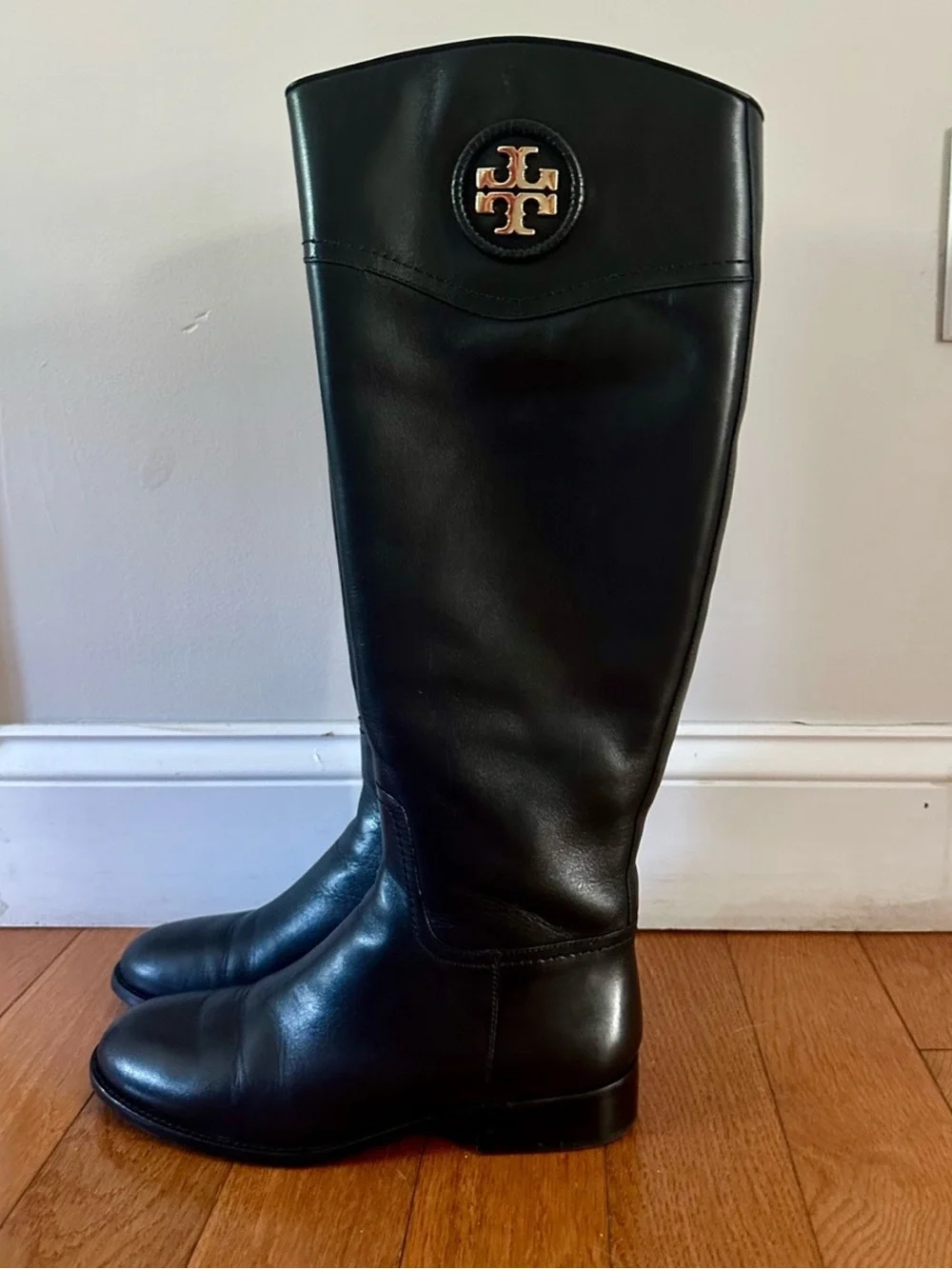 Tory Burch Black Leather Riding Boots with Signature Logo